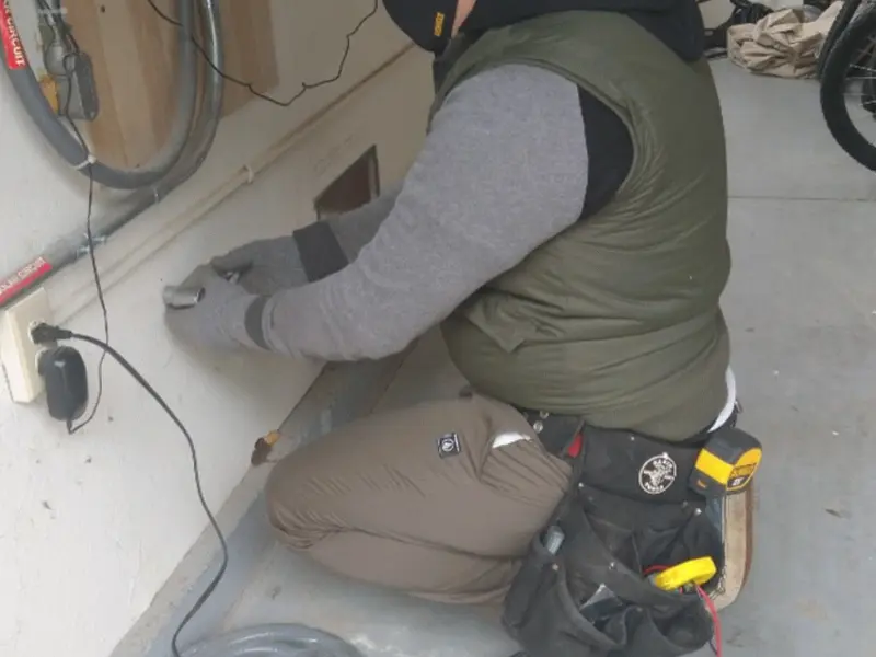 Electrician performing outlet wiring in a Marianna garage